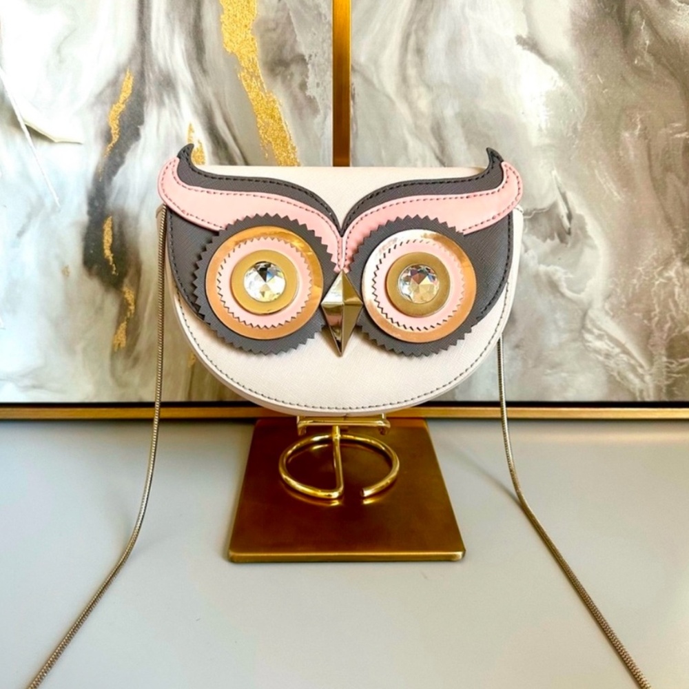 Kate Spade Leather Owl Crossbody Gray Pink Creamy Whitr Silver Snake Cha…